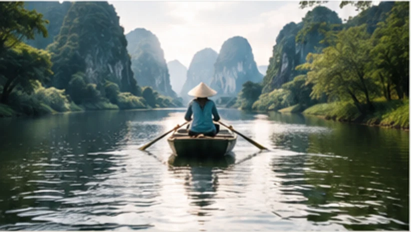A generic traveler seen from behind on a river among Vietnam's limestone karsts